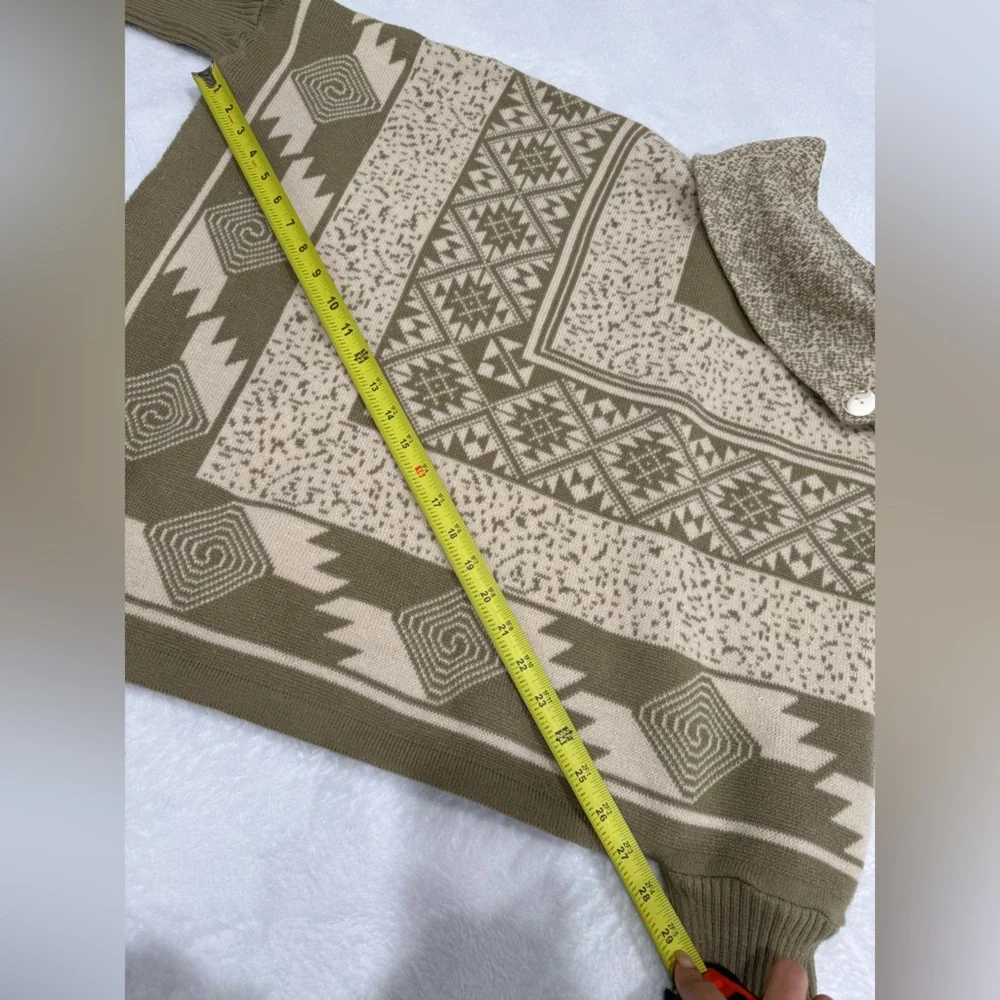 Boho Geometric Knit Poncho Sweater | Button Cowl Neck | Neutral Tan - Picture 11 of 11